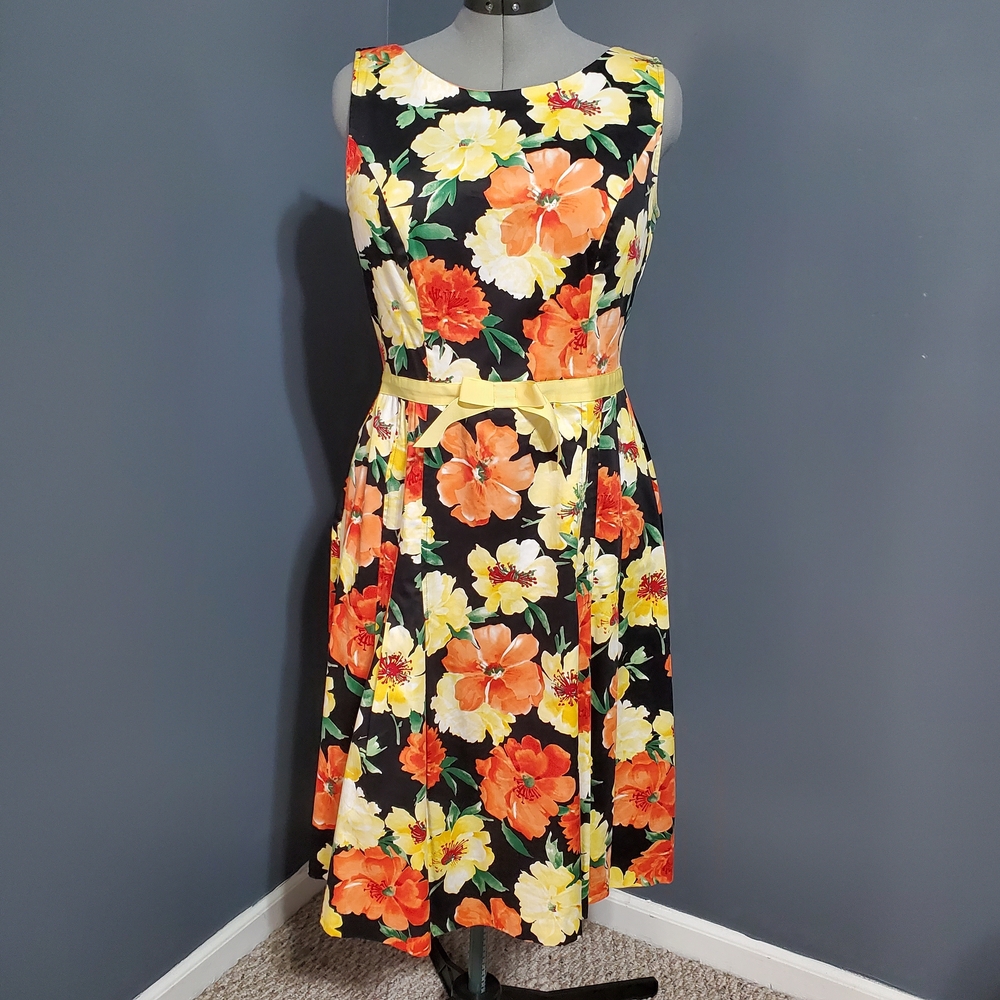 Sag Harbor Floral Midi Dress - Black, Orange, Yellow Fit & Flare Size 12